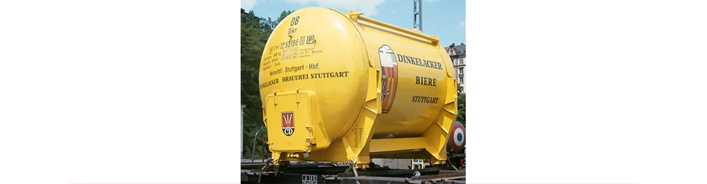 49106 - Behältertragwagen Btmms 58 DB, mit Ddikr 621 "Dinkelacker", mit Bremserbühne